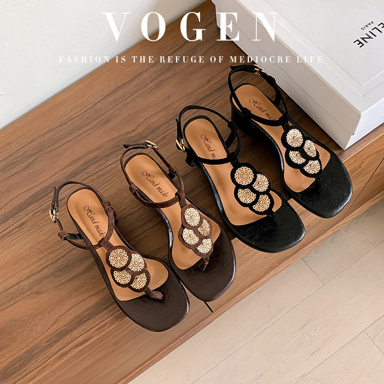 Bali Xia Meng~Designer Gilt Flower Thick Heel Thong Sandals for Women, Chinese Style with Skirt, High Heels 5cm