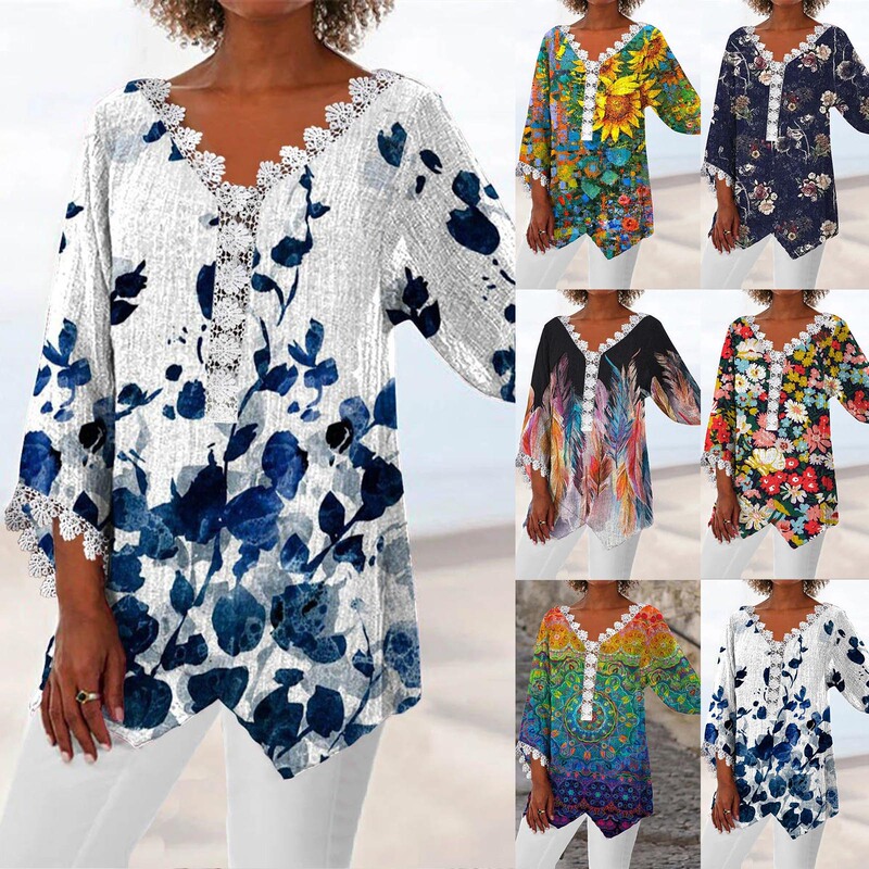 2026 European and American Independent Fashion Website Summer New Women's Lace Floral Digital Print Round Neck Pullover Blouse Top for Women