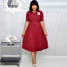 非洲大码女装亚马逊wish欧美纯色圆领高腰短袖百褶跨境连衣裙