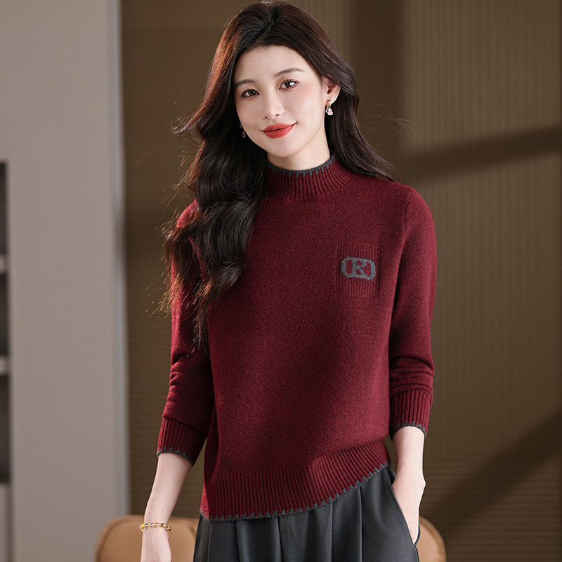 新款加厚圆领女毛衣冬天保暖洋气妈妈宽松针织打底衫年轻款上衣女，女装针织衫/毛衣，妃慕昵服饰