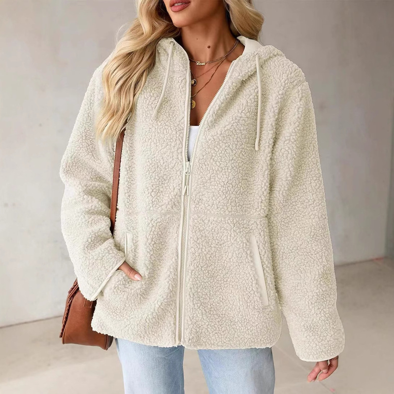 Cross-Border European and American 2025 New Women's Cashmere Jacket Long-Sleeved Zipper Hooded Sweatshirt Casual Versatile Loose Jacket