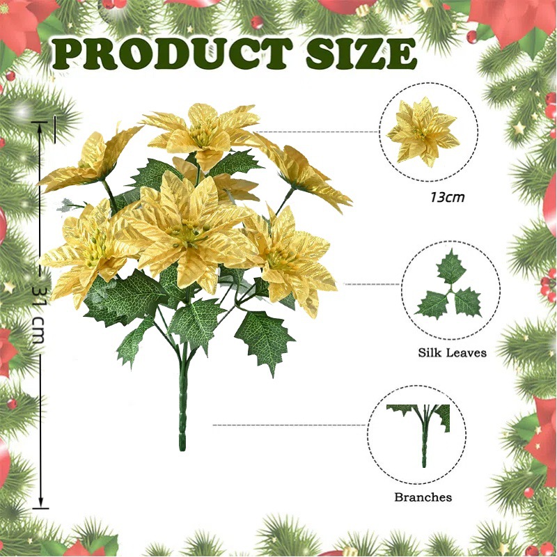 Simulación de flores de Navidad de 7 dientes, decoración de Navidad de flores falsas, actividades de vacaciones, artículos de boda en venta caliente