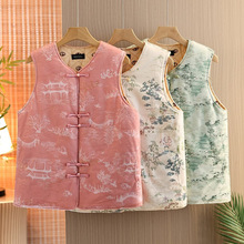 中老年国风马甲女秋冬新款夹棉加厚盘扣复古提花印花无袖坎肩背心