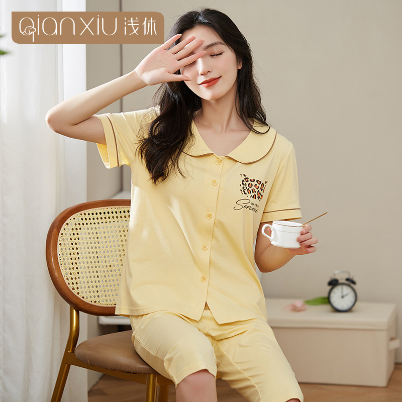 Summer Women's Pajamas Set with Open Placket, Fresh and Comfortable Cropped Pants That Can Be Worn Outside, Cotton Home Clothes, Light Casual Wholesale