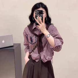 韩版复古披肩+格子衬衫格纹衬衣女款2026新款爆款叠穿上衣两件套