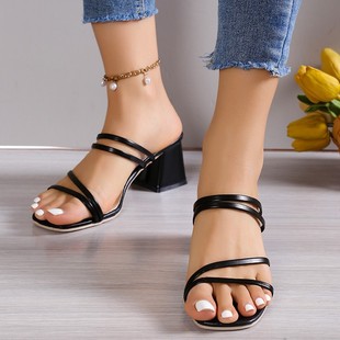 Cross-Border Large Size Thin Strap Sandals for Women 2025 Summer New European and American Simple Square Toe Medium Thick Heel Two-Wear Sandals for Women