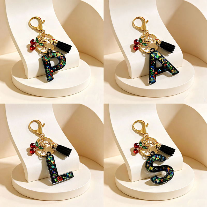 European and American Popular Resin Letter Keychains with Diamond-Encrusted Cherry Tassel Pendants Key Chains Bag Accessories Gifts Wholesale European and American Popular Resin Letter Keychains with Diamond-Encrusted Cherry Tassel Pendants Key Chains Bag Accessories Gifts Wholesale