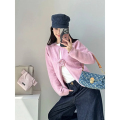 2025 捕梦少女立体手工钩花圆领山茶花假两件针织衫女春撞色上衣