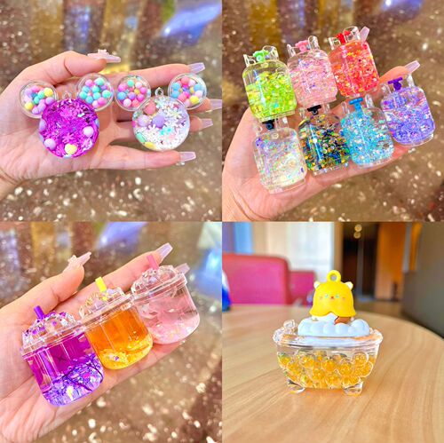 Fashionable Pearl Milk Tea Bear Keychain Quicksand Bottle Key Pendant Desktop Ornament Jewelry Bag Pendant Wholesale