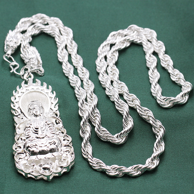 Ethnic Style Miao Silver Men's Guanyin Dragon Pendant Necklace Alloy Dragon Bone Chain Large Pendant Necklace Flame Guanyin