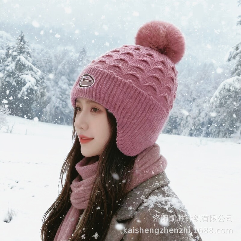 冬季时尚拼色针织帽子骑行护耳帽女防风帽子大头围保暖加厚毛线帽|undefined