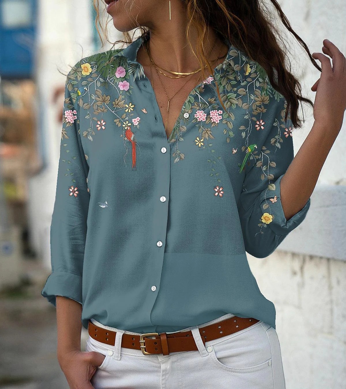 Blusa De Mujer De Manga Larga Con Estampado De Flores De Moda display picture 3