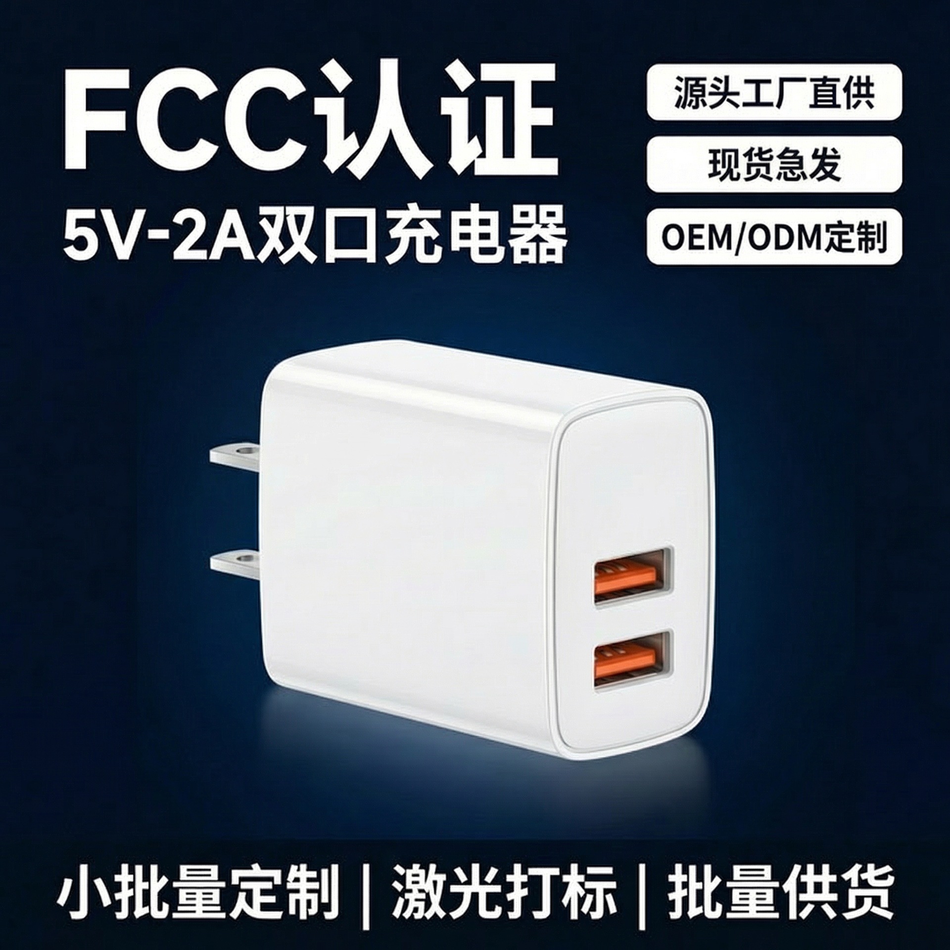 5V2A充电头双USB口充电器欧规美规FCC认证跨境电商配机用快充