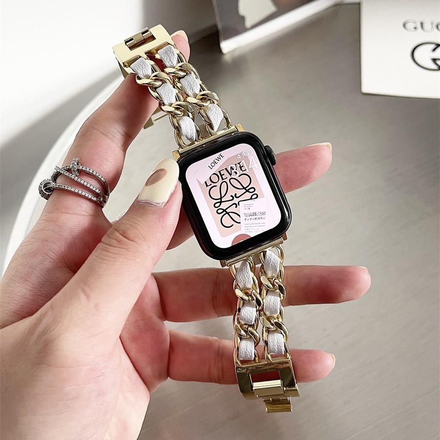 Suitable for Apple Watch Chanel-Style Strap Iwatch9 Generation 8765411 Strap Se Leather Metal Denim Women's Model