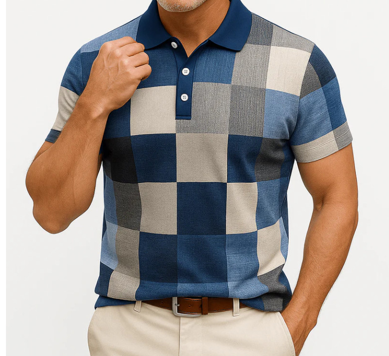 Botón de los hombres camisa polo a cuadros patrón solapa moda 3D Impresión digital moda urbana suelta casual
