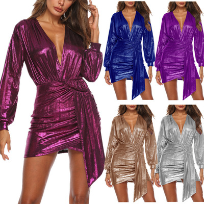 Ladies purple royal blue singers bar Nightclub stage performance dress Zipper Deep V-Neck Sexy Short Skirt shirt dresses
