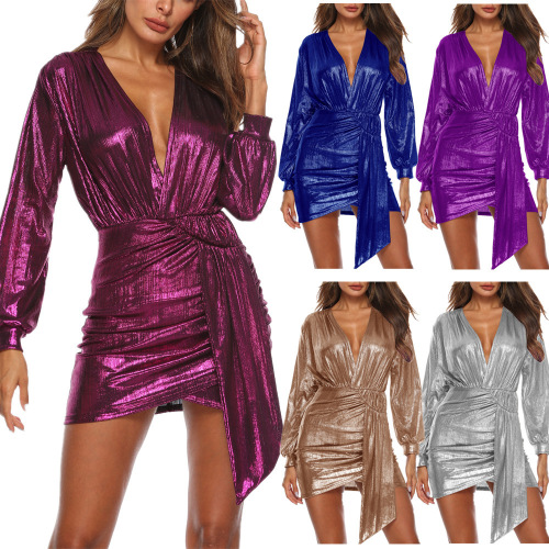 Ladies purple royal blue singers bar Nightclub stage performance dress Zipper Deep V-Neck Sexy Short Skirt shirt dresses