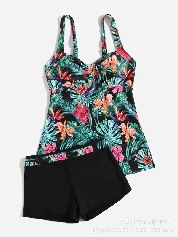 Mingyi nueva impresión multicolor europea y americana tangini conservador moda vestido grande pantalones de pierna plana traje de baño de dos piezas para mujer
