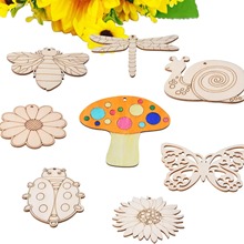 新品夏季木制装饰品 原木色向日葵蜻蜓蘑菇形状的木质DIY工艺品