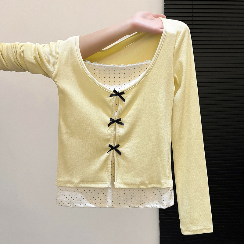Korean Pure Desire Milk Yellow Fake Two-Piece Polka Dot Lace Splicing Bow Long-Sleeved T-Shirt 2025 Autum Top for Women