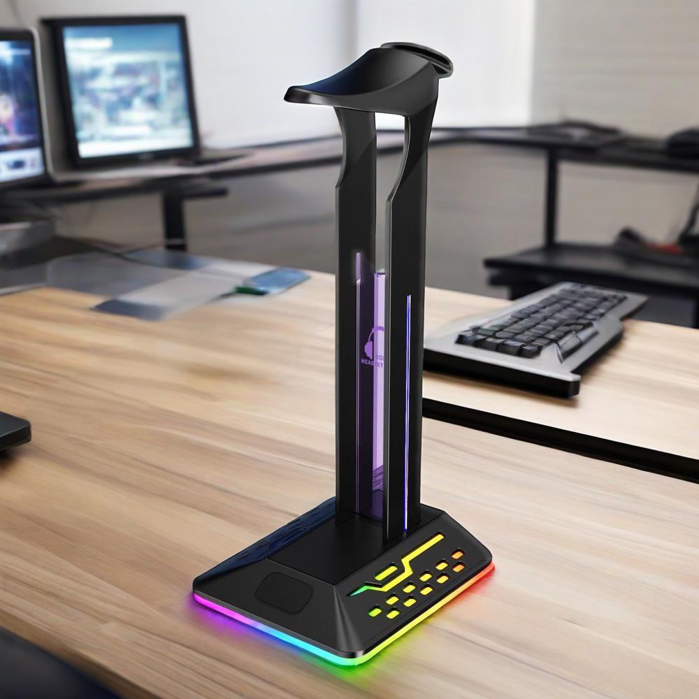 Soporte de auriculares RGB colorido, auricular que cambia de color, soporte de juego, soporte de exhibición de auriculares para juegos de deslumbramiento USBHUB dual