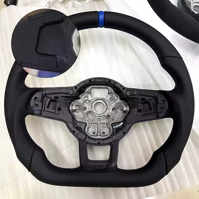 for Golf 7/7.5 GTI: Steering wheel - semi-perforated-blue-leather-straightened-without-pick-hole-black-stitching