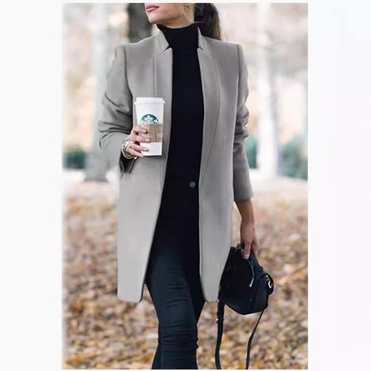 Abrigo Largo de Lana Ajustado para Mujer de Poliéster Cuello Alto Corte Ajustado para Otoño e Invierno