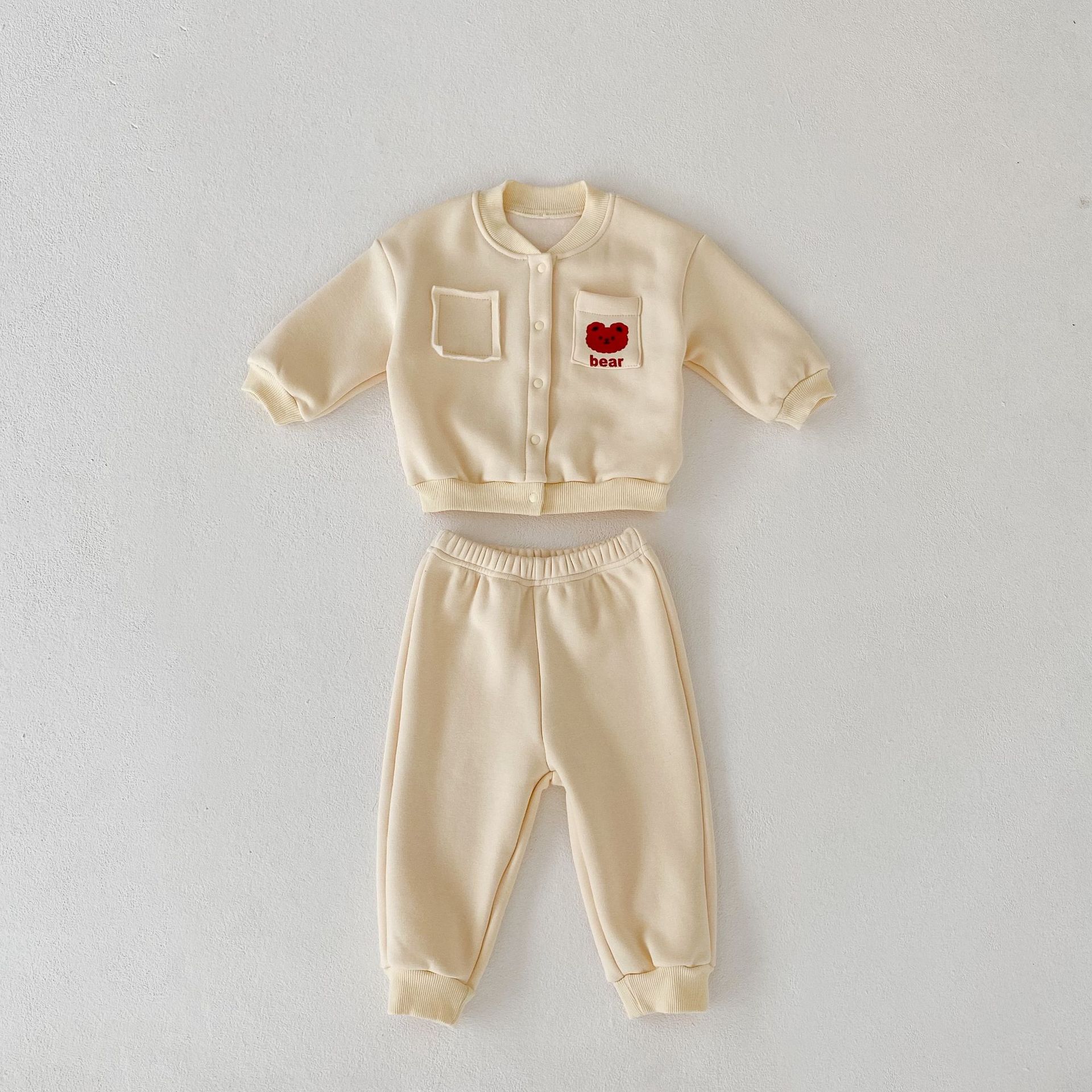 2024 Spring Autumn Baby Boys Girls Rabbit and Bear Printed Coat+Pants with Velvet Warmth Set_voghion.com