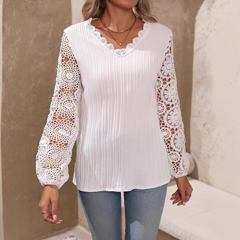 Wish AliExpress temu 2025 spring new ladies solid color v-neck lace sleeve t-shirt