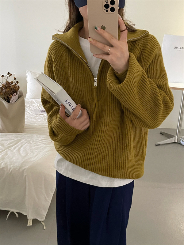 跨境大码慵懒风翻领毛衣女2025秋冬高领拉链套头百搭搭针织衫外套|undefined