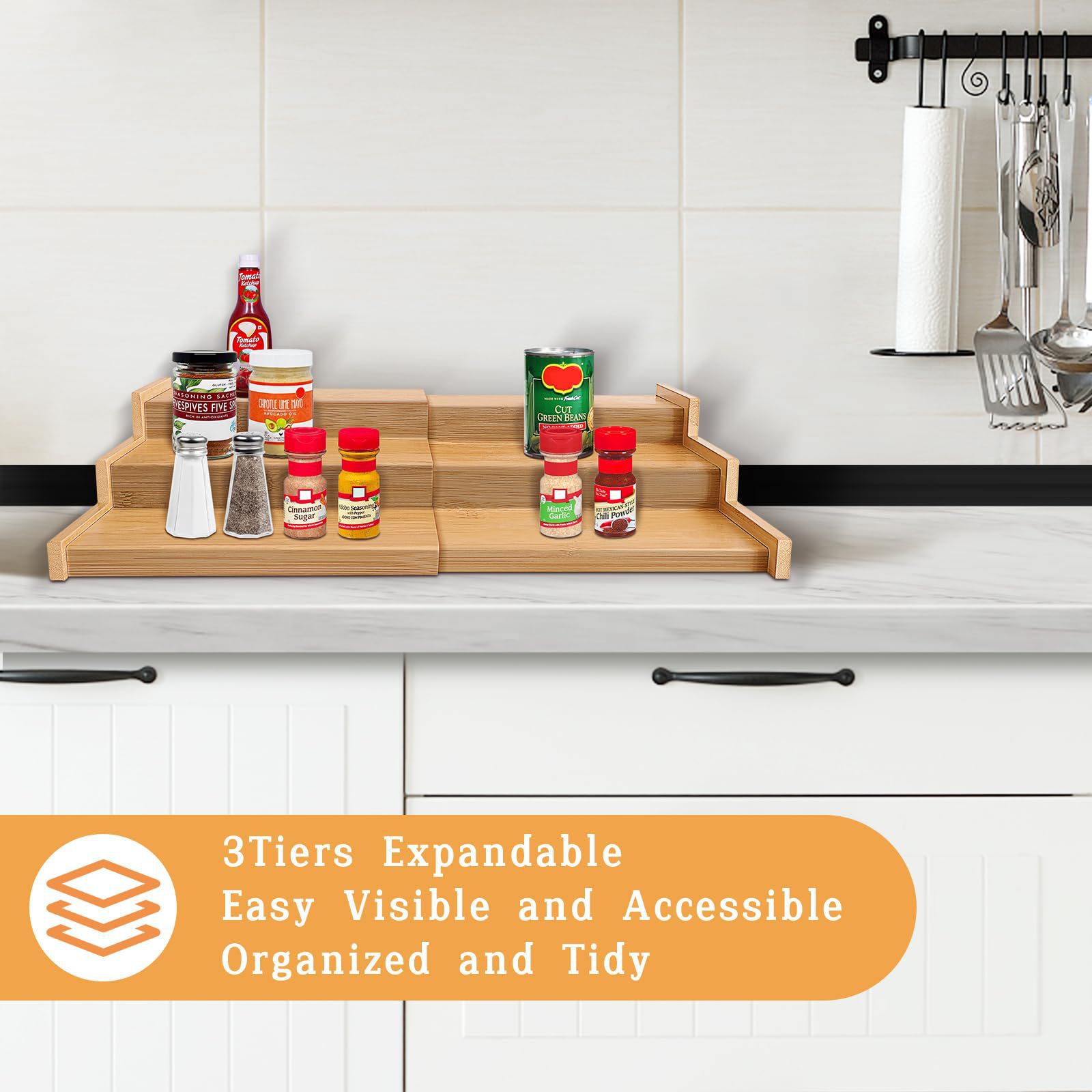 Transfronterizo venta caliente bambú condimento estante cocina retráctil de tres capas condimento estante de almacenamiento multifuncional almacenamiento extensible