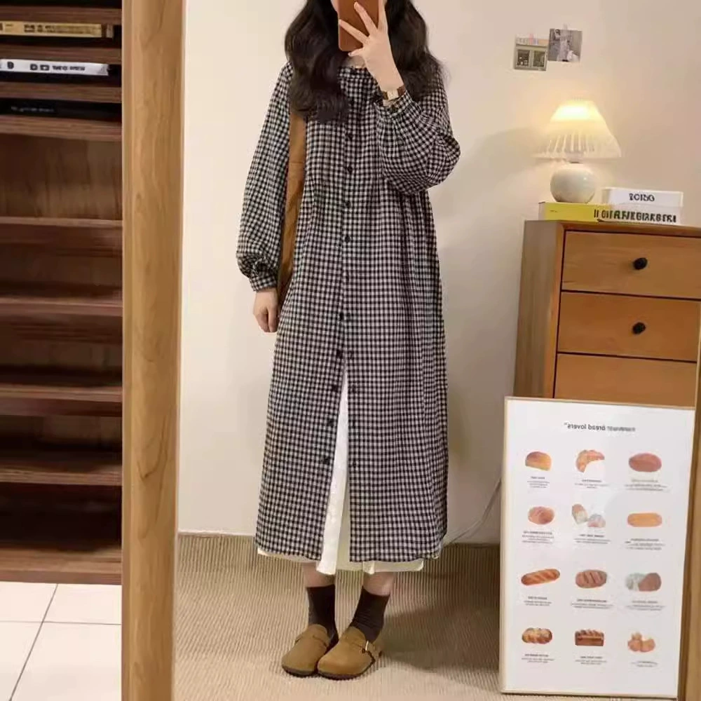 Японская ретро клетчатая юбка-рубашка с длинными рукавами 2024 осенью носить ленивый темперамент маленькое хлопковое платье