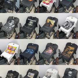 跨境vintage做旧圆领短袖t恤男款摇滚乐队90年代潮复古风宽松型