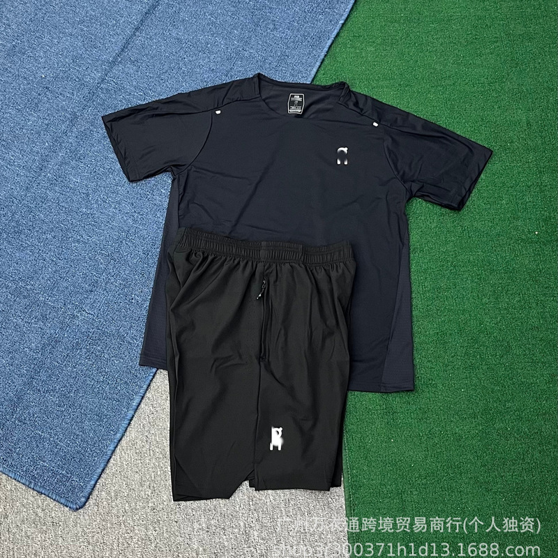 Ice Silk Quick-Dry High-Elastic Breathable T-Shirt Short-Sleeve Shorts Set for Men, Suitable for Sports and Outdoor Running, European and American Cross-Border In-Stock Items