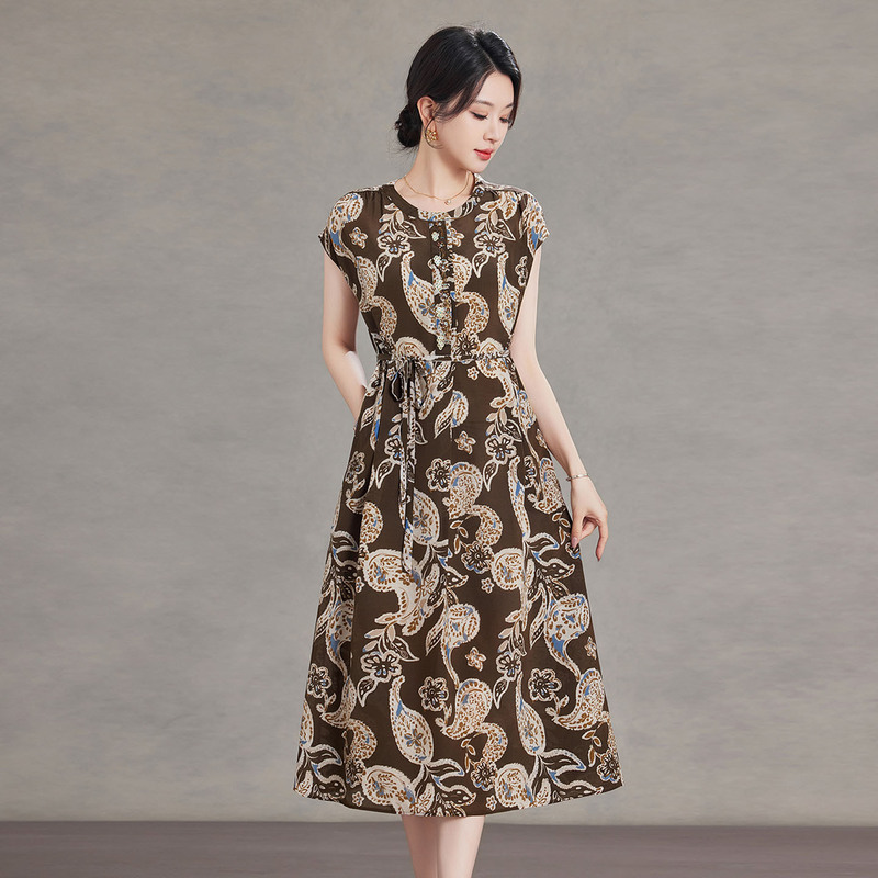 Silk Printed Dress for Women 2026 New Summer Style for Middle-Aged Moms, Elegant Tie-Waist Flowing Mulberry Silk Long Dress