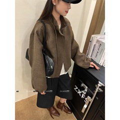 2025秋冬季新款韩版时尚立领短款毛呢外套女简约宽松休闲呢子大衣