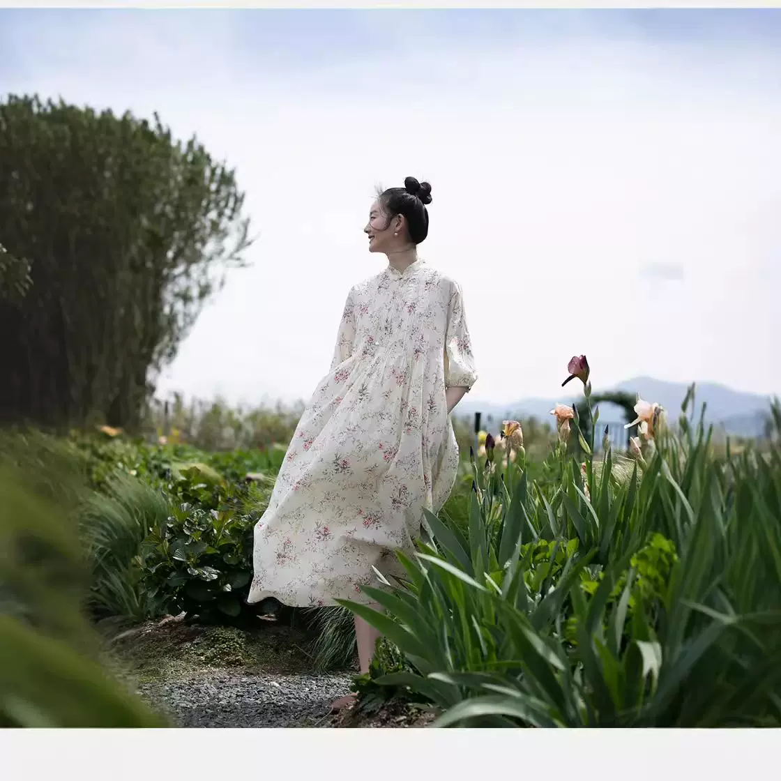 苎麻连衣裙 清雅麦穗打条苎麻长裙 印花双层复古碎花裙子A0523