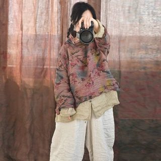 4306网红款文艺复古苎麻印花堆堆领衬衫休闲宽松百搭女式春秋上衣