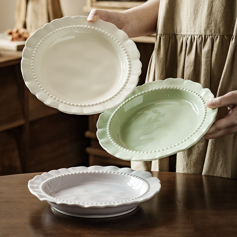Plato de encaje profundo francés, plato de cerámica refinado, plato de postres de restaurante, plato de platos domésticos, plato de cubiertos al por mayor