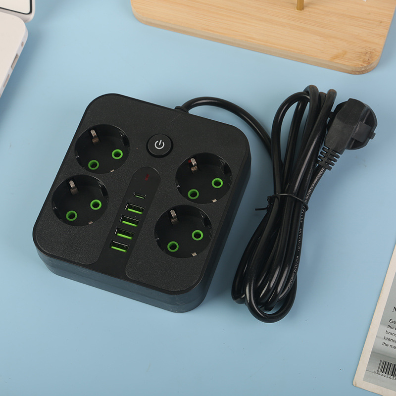 Caja de toma de corriente europea en blanco y negro 4USB + 1 Tipo-C con interruptor