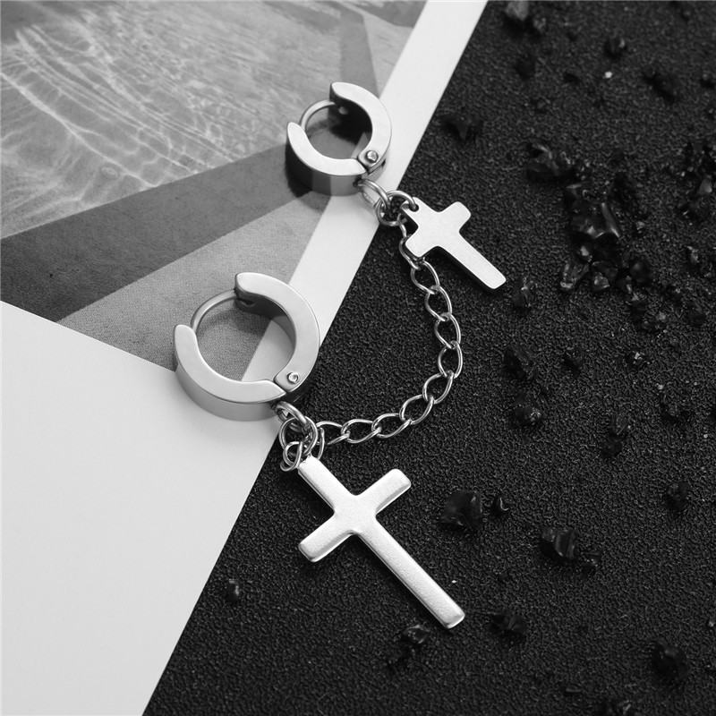 Men's Black Silver Stainless Steel Chain Pendant Cross Earrings C-Shaped Clip On Jewelry_voghion.com