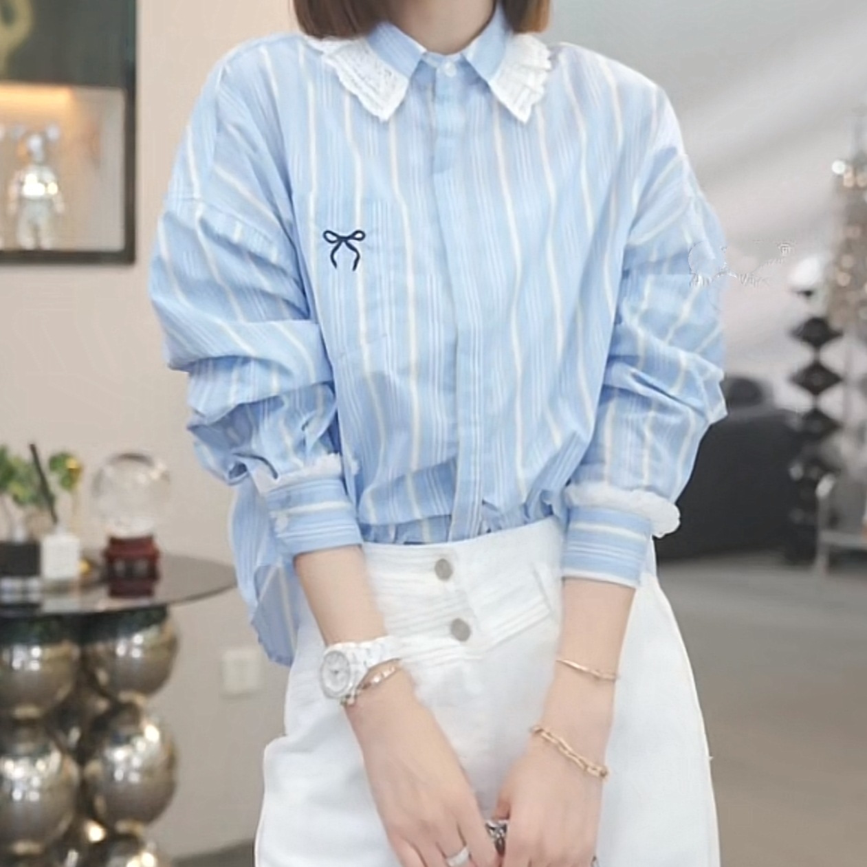 Lace spring fashionable elegant design blue shirt