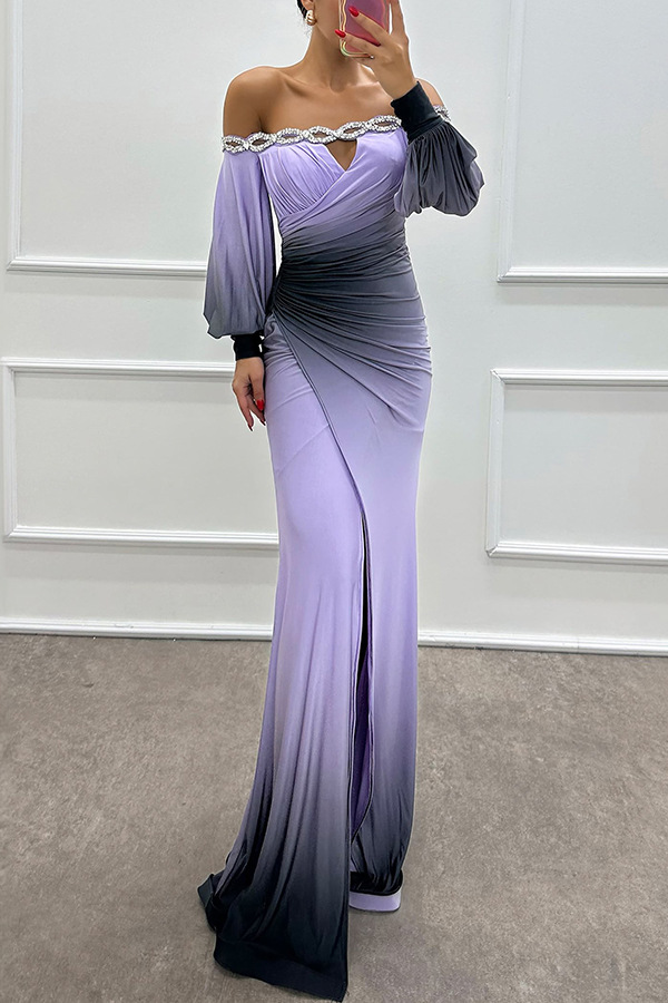 Abito da sera elegante monospalla a maniche lunghe per donna_voghion.com