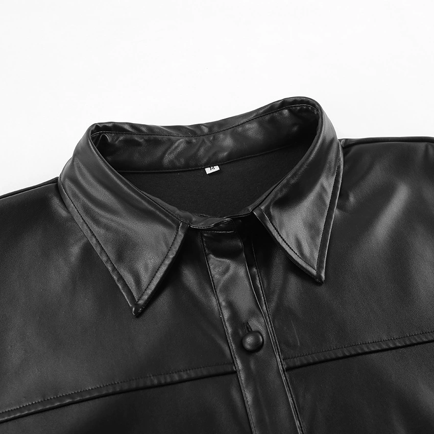 Black PU Leisure Shirt, European-Style Fashion Top with Stretch, Modern Chic for versatile leisure wear
