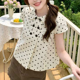 甜美风杏色波点娃娃领短袖衬衫女装夏季新款宽松百搭衬衣休闲上衣