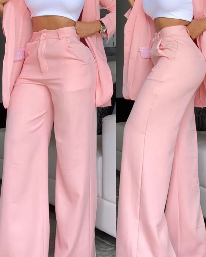women's sets Women's and Elegant Solid Color Split Sleeve Lapel Suit Pocket Straight leg Trouser Set_voghion.com