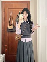 气质名媛针织马甲圆领毛衣背心叠穿长袖衬衣衬衫学院风春秋女套装