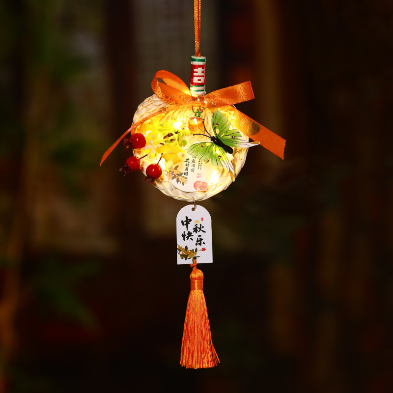 中秋节灯笼装饰门把手挂饰氛围仪式感蒲扇挂件古风竹编发光小灯笼|undefined