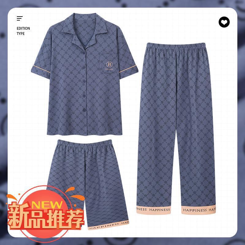 Pijamas verano de los hombres 100% algodón pantalones de manga corta pantalones cortos de verano de algodón de los hombres delgados traje de tres piezas casa