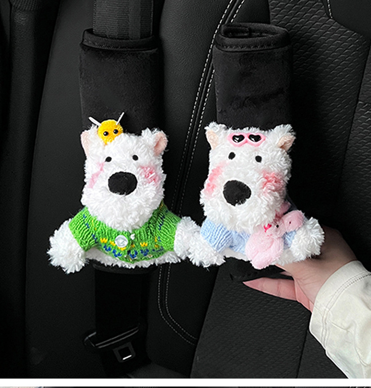 Cartoon Car Seat Belt Shoulder Pad Plush Doll West Highland Sweater French Fries Sunglasses Anti-Lean Soft Protective Cover